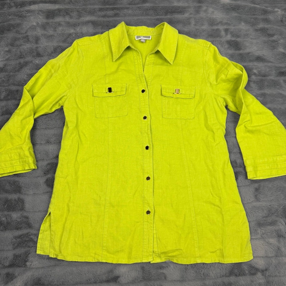 JM Collection Lime Green 100% Linen Button Down Shirt 3/4 Sleeve Size 6